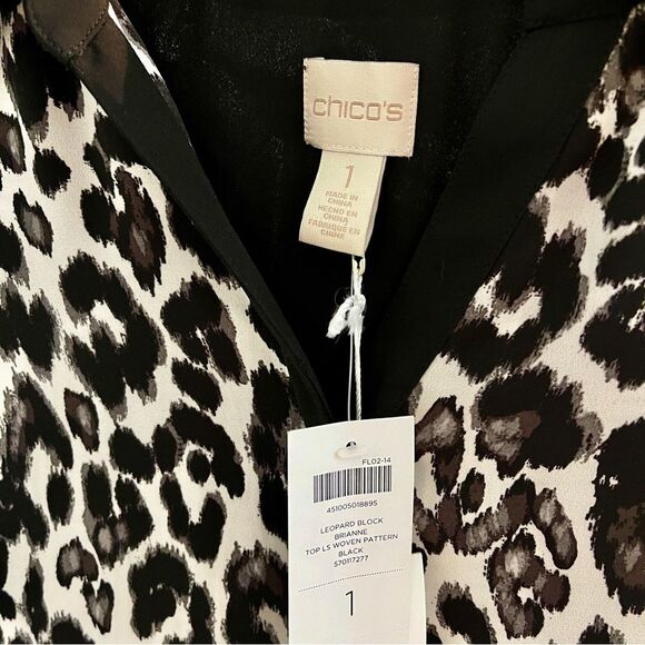 Chico’s Brianne Black White Leopard Pleated Long Sleeve Blouse size medium - Picture 3 of 5